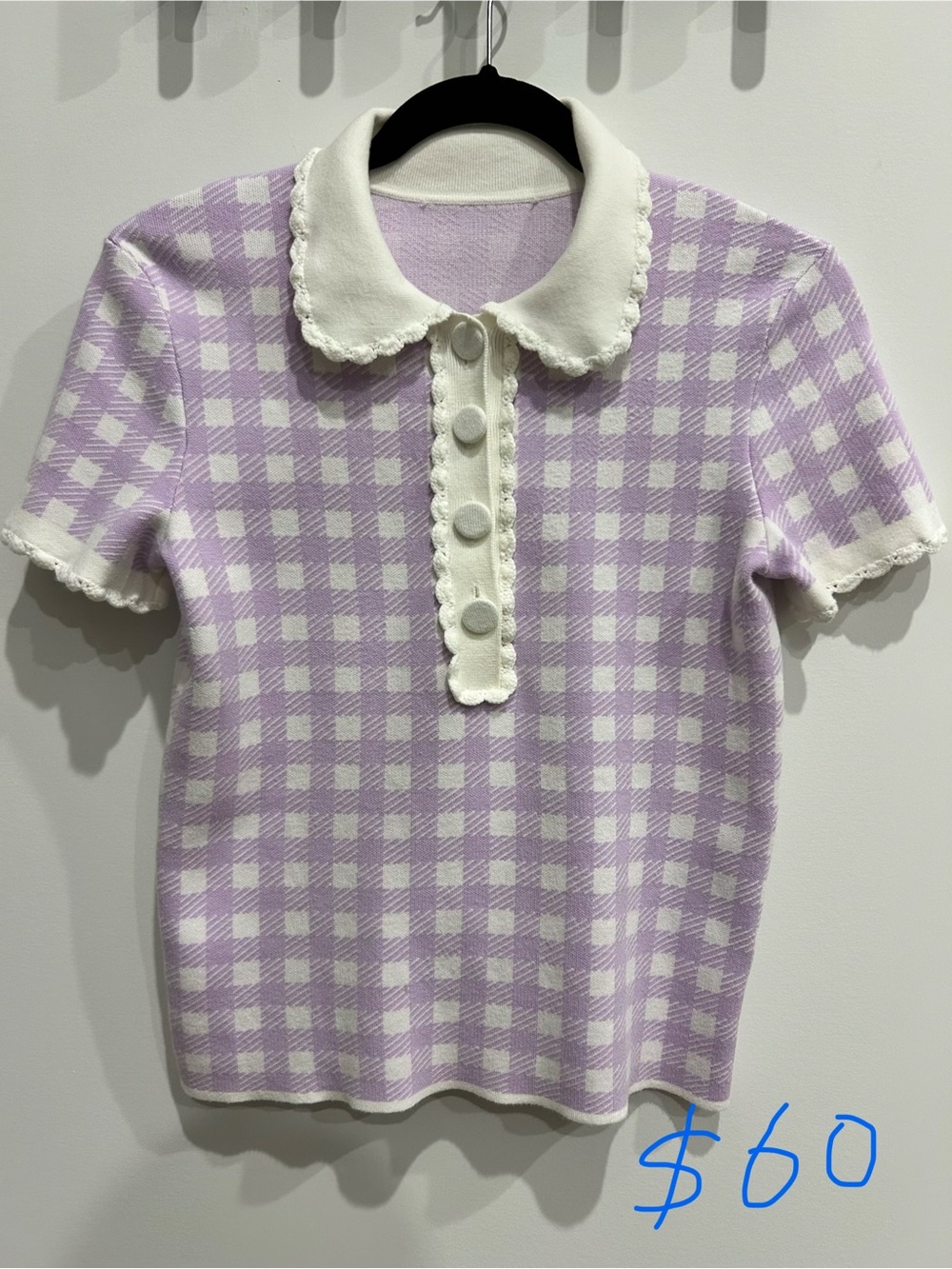 Maje Lilac and White Gingham Knit Polo with Scallop Trim